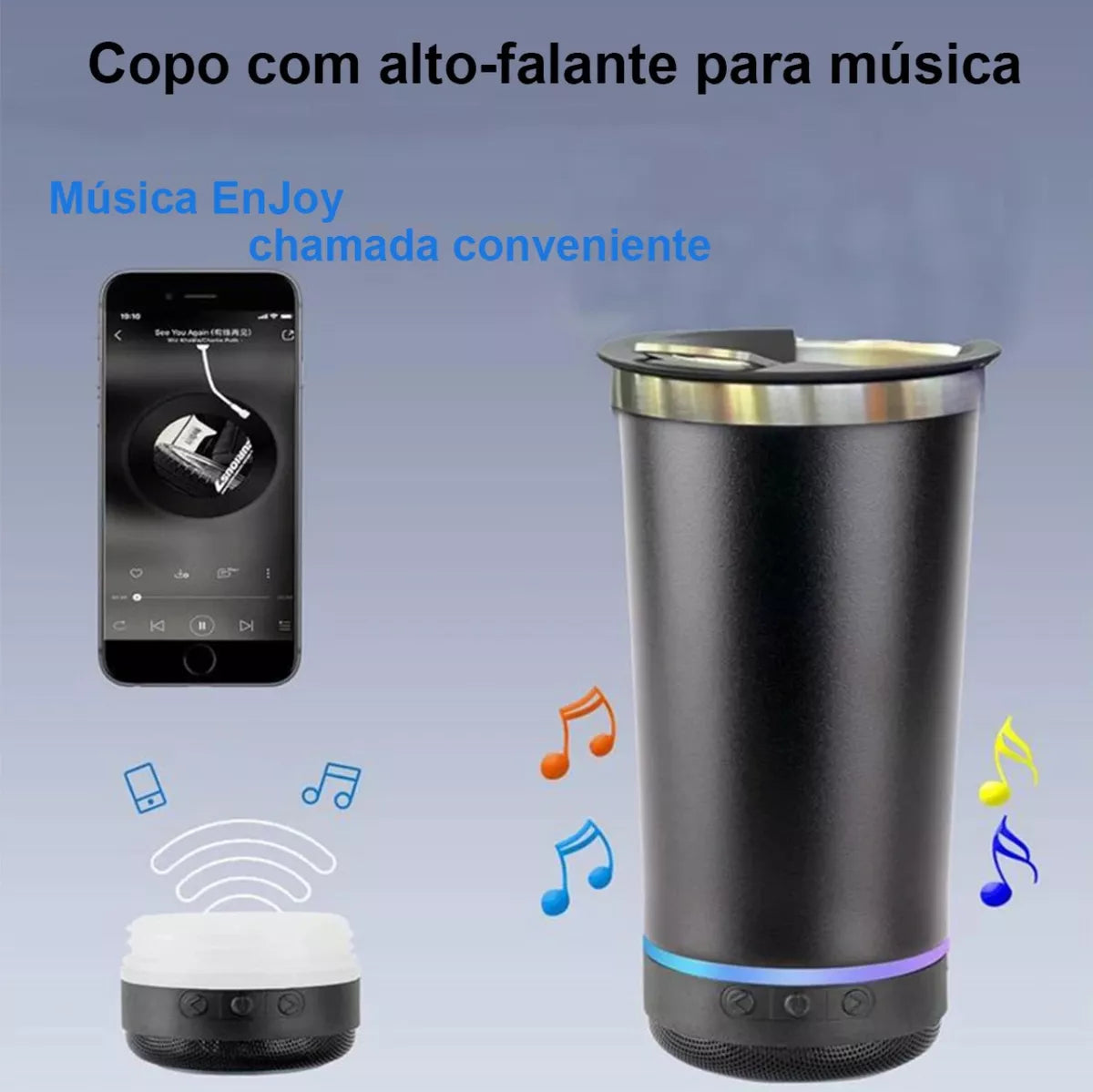 Copo Termico Bluetooth Caixa Som Led Recarregável Abridor