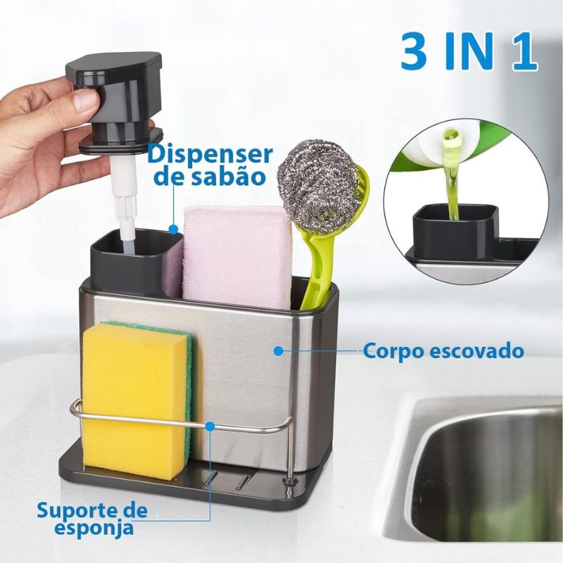 Dispenser Em Aço Inox Porta Detergente E Esponja 3 Em 1
